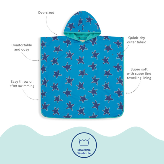 Beach Towel Poncho Blue Starfish with an all-over star pattern, a hood and several descriptive labels pointing to its features.
